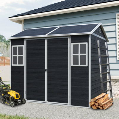 Remise de rangement extérieure en résine 8 x 6 pi imperméable avec plancher et deux fenêtres et porte verrouillable, remise à outils pour le jardin, le patio, la cour arrière
