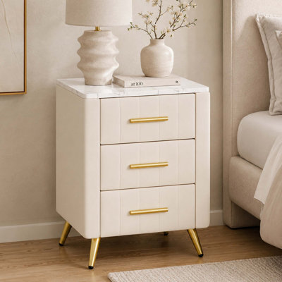 Modern luxury style upholstered nightstand with drawers and metal legs for bedroom and living room