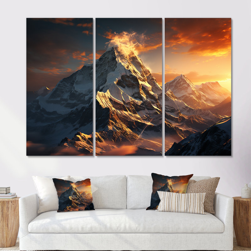 Montagnes jaunes enneigées au coucher du soleil, sommet de l'Everest I - paysage de montagnes, art mural, Toile tendue