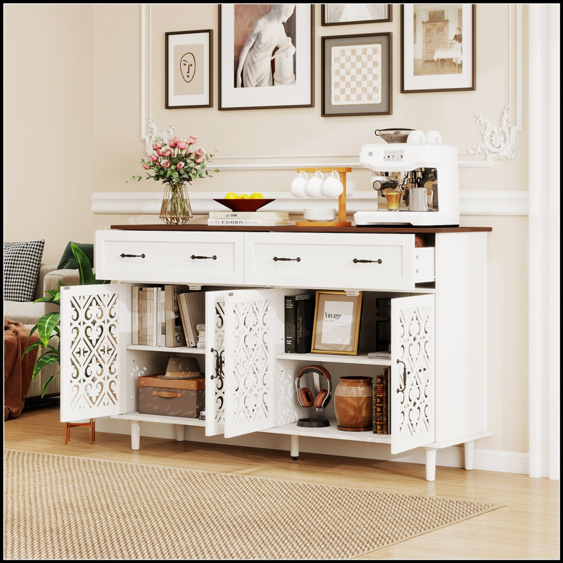 Vintage Sideboard Buffet Cabinet With Hand-Carved Geometric Doors, Distressed Wood, 2 Drawers, 4 Doors, Adjustable Feet, Raised Base