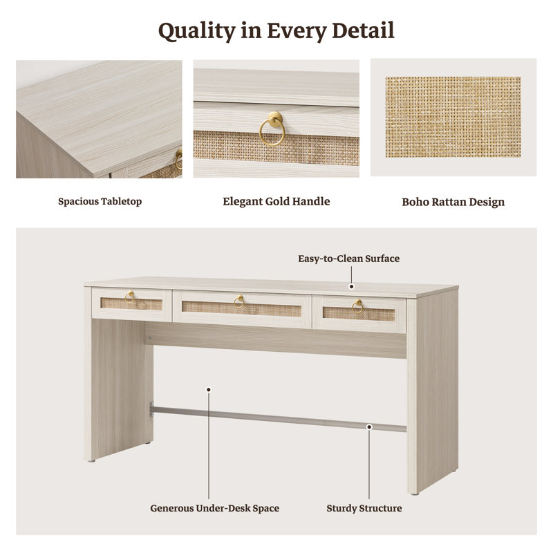 Pomodoro Boho Rattan 3-Drawer Storage Desk, White Cream Oak, 2 Pieces