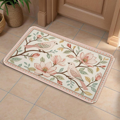 Tapis lavable antidérapant à motif floral en flanelle à motif d'oiseaux roses, 24 x 36 po