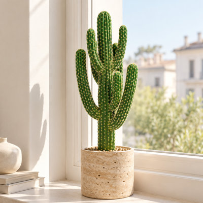 2.5FT Artificial Cactus 3-Branched 16-Ribbed with White Spines in a black nursery pot– Faux Cactus Plants Indoor Fake Succulent Decor