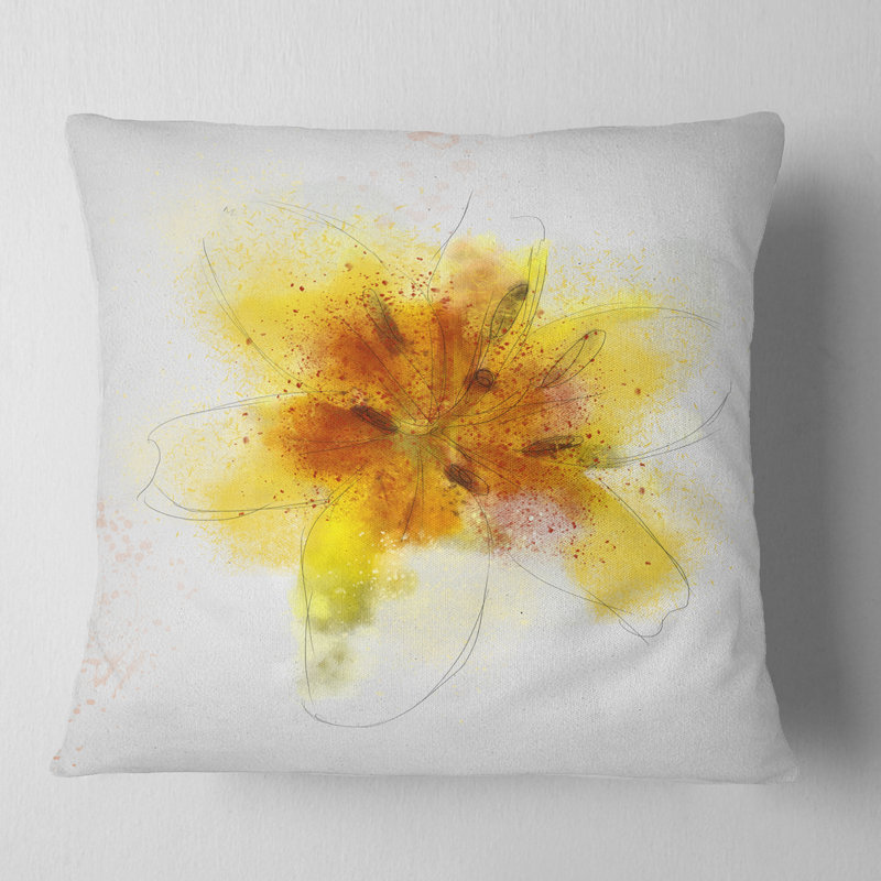 Croquis de fleur jaune sur fond blanc - coussin à imprimé floral, 16 po x 1 po, Coussin décoratif