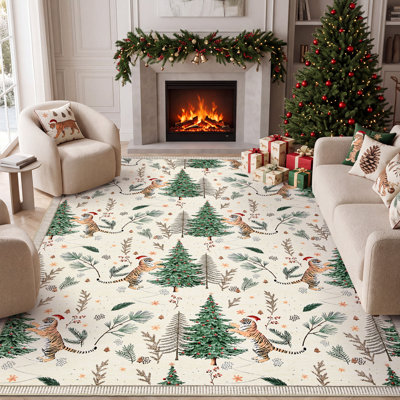 Grand tapis de Noël de 2,44 m x 3,05 m, motif tigre mignon, lavable, antidérapant et pliable, idéal pour le salon et la salle à manger.