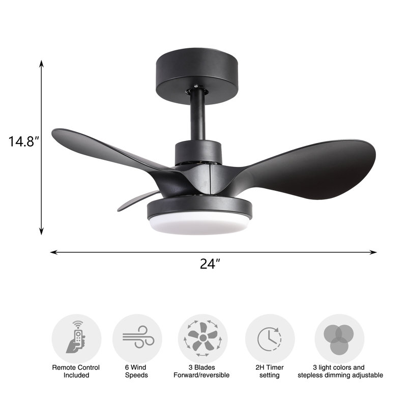 24 in. Indoor Ceiling Fan with Dimmable LED Light and Remote Control for Bedroom,Living Room, Black, Black