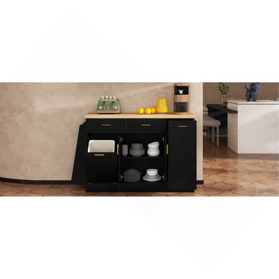 Multi-Functional Storage Sideboard, Trash Can Storage, Sliding Door Cabinet & 3-Tier Spice Rack,Kitchen Island Table for Kitchen, Dining Room (Black)