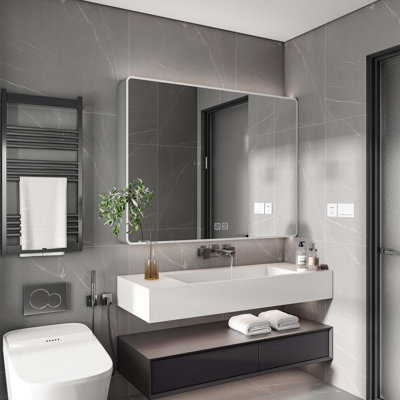 Aluminium Medicine Cabinet Mirror, 35 X 28 Inches Medicine Cabinet With 3S LED Light And Defogging Function, Bathroom Mirror Cabinet With Cosmetic Storage Rack And Hair Dryer Holder