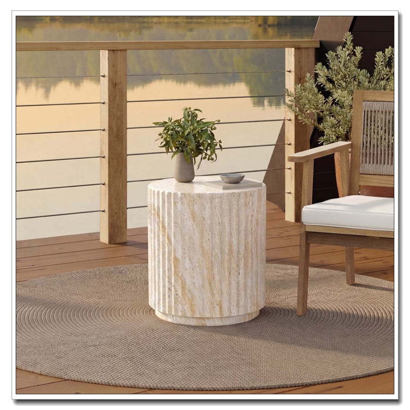 Table d'extérieur en béton pour l'extérieur, Beige, motif à vagues jaunes