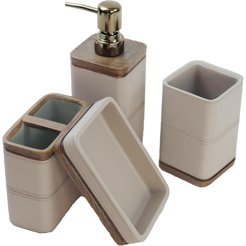Leather bathroom accessory set