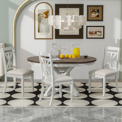 TREXM 5-Piece Retro Functional Dining Table Set Extendable Round Table And 4 Upholstered Chairs For Dining Room And Living Room