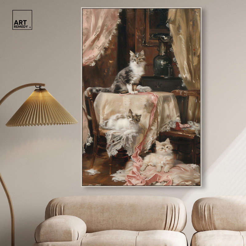 «Kittens at the Table» par Art Remedy, H 55 po x l 37 po, Cadre flottant, Doré
