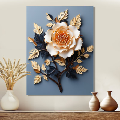 «White Rose Golden Leaves On Deep Blue I», art mural rose