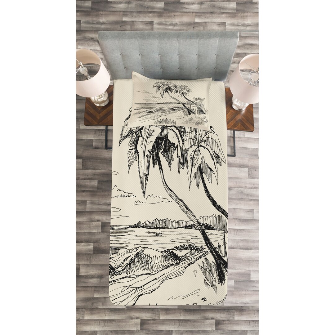 Gestepptes Bettdecken-Set, Tropical Beach Sketch, Palme, Schwarz Creme