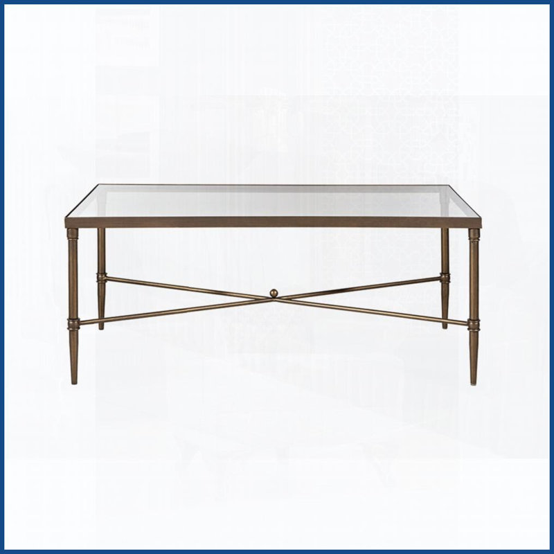 Table basse rectangulaire de salon avec structure en métal bronze Plateau en verre trempé de 5 mm, robuste et amp; Facile à nettoyer