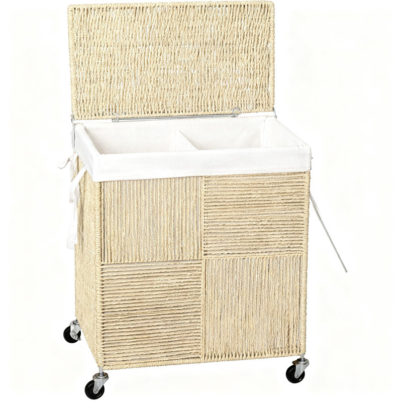 Double Laundry Hamper With Lid, Handwoven Rolling Laundry Basket With Wheels, 115L Dirty Clothes Hamper With Removable Liner Bag, Large Capacity Laundry Sorter For Laundry Room Organization