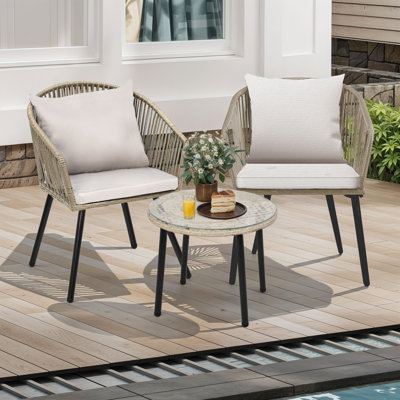  3-Piece Wicker Grey Cushioned Patio Bistro Set