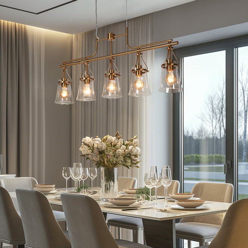 Correa 5-Light Dimmable Industrial Linear Chandelier with Bubble Glass in Polished Brass for Kitchen Island