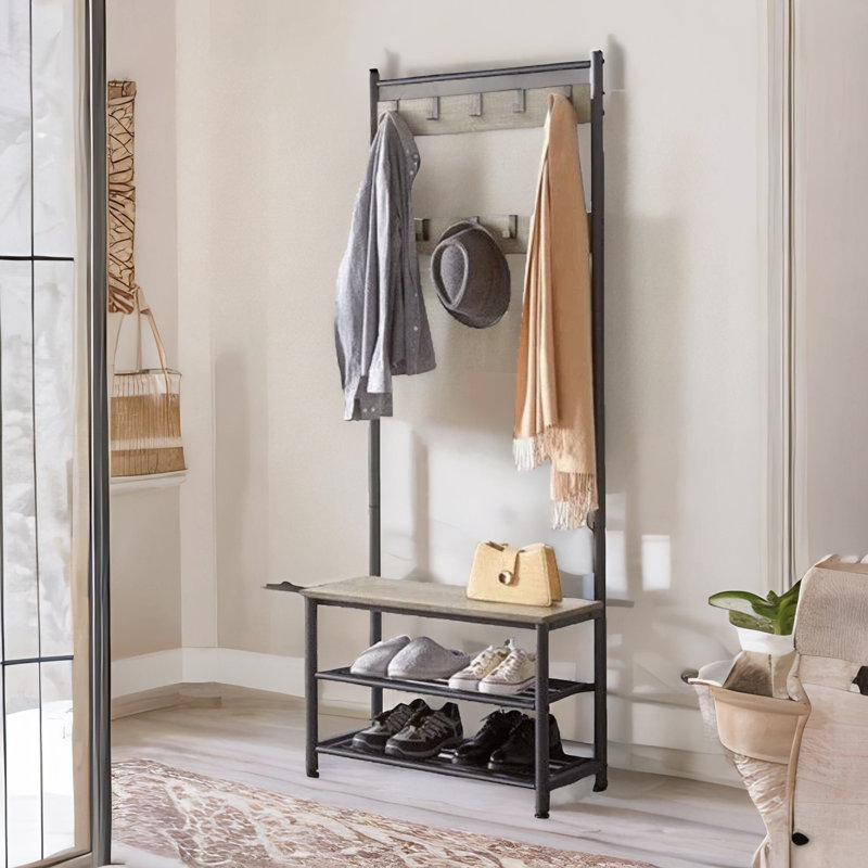 Aketzali Hall Tree 72.5cm Wide Grey Rustic with Shoe Storage Shelves Entryway Hallway Furniture
