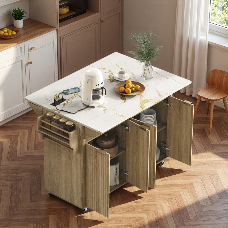 Fluted Kitchen Island With Drop Leaf, Power Outlet, Towel Rack, Spice Rack And Open Compartment, Natural/White