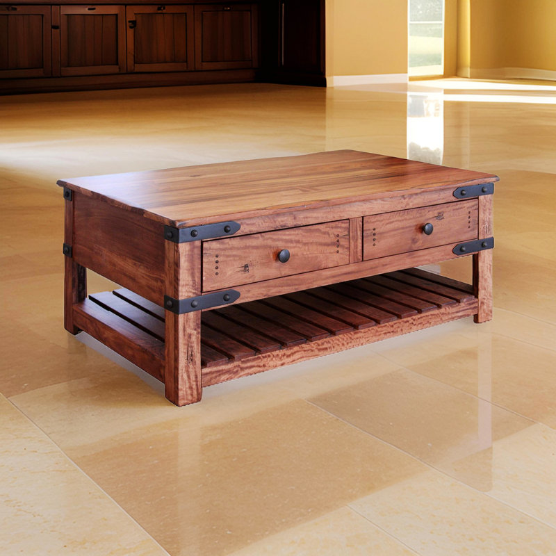 Table basse 4 tiroirs avec tablette inférieure en lattes, table de rangement en bois