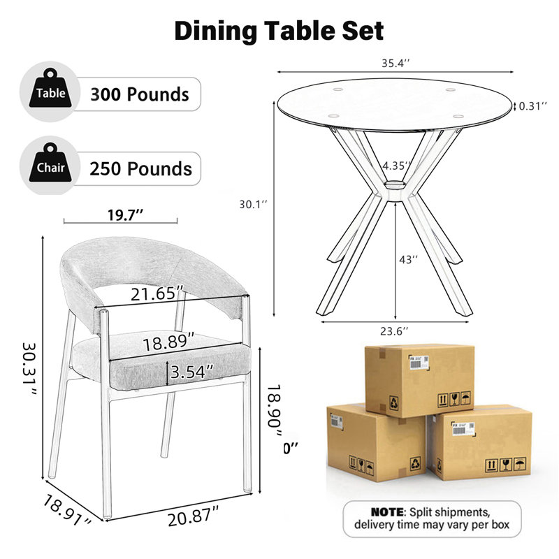 Modern Round Dining Set With Chenile Armchair, Clear Tempered Glass Dining Table And Chairs With Arms For Dining Room, Black