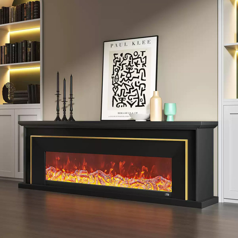Black Solid Wood Freestanding TV Cabinet Fireplace, 23.62" H x 12.6" W x 70.87" D