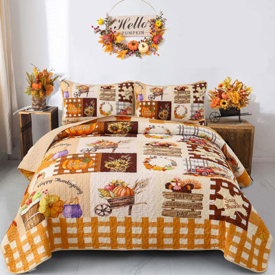 Ensemble de couvre-lit de l'Action de grâce, ensemble de couette trois pièces en microfibre douce avec taies d'oreiller, motif citrouille et récolte, orange et marron