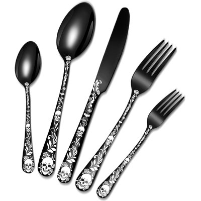 Skull Flatware Set For 4, Gothic Skeleton Pattern Stainless Steel Silverware, Halloween Dinnerware Utensils With Forks Knives Spoons, Dishwasher Safe