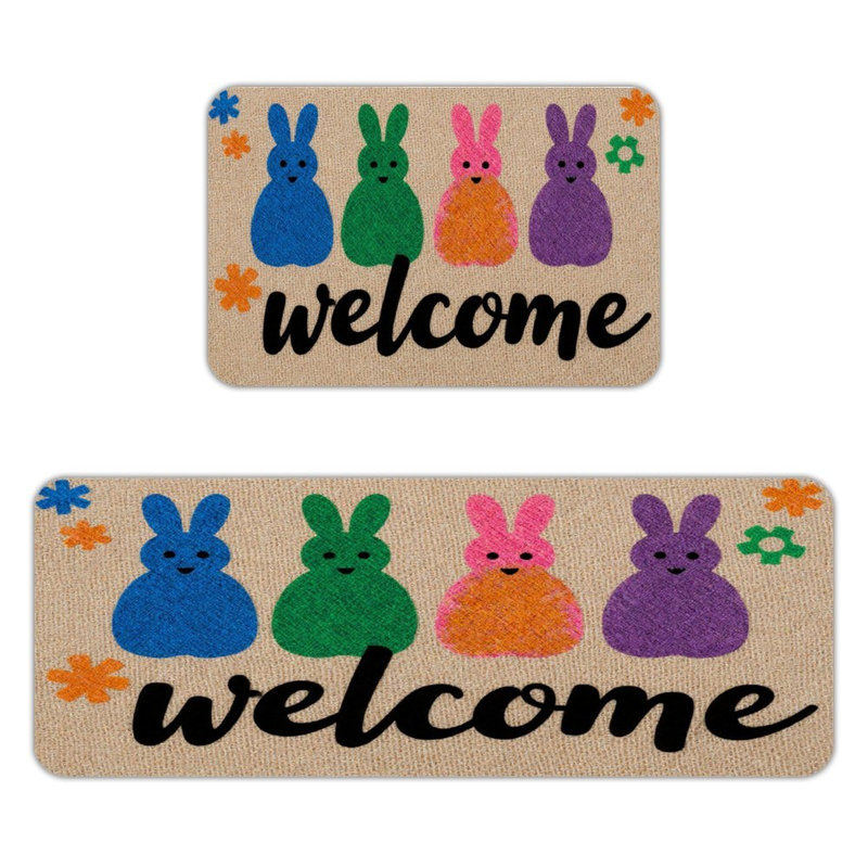 Colourful Bunnies Welcome, 2 Pcs Non Slip Kitchen Mats
