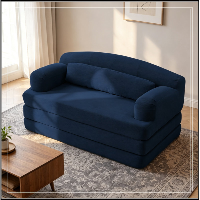 Canapé pliable à deux places en velours côtelé avec coussin moelleux, Bleu très foncé