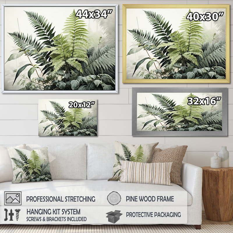 Aafiyah Ferns Topaz Reflections - Imprimé, H 16 po x l 32 po x P 1 po, Cadre simple blanc