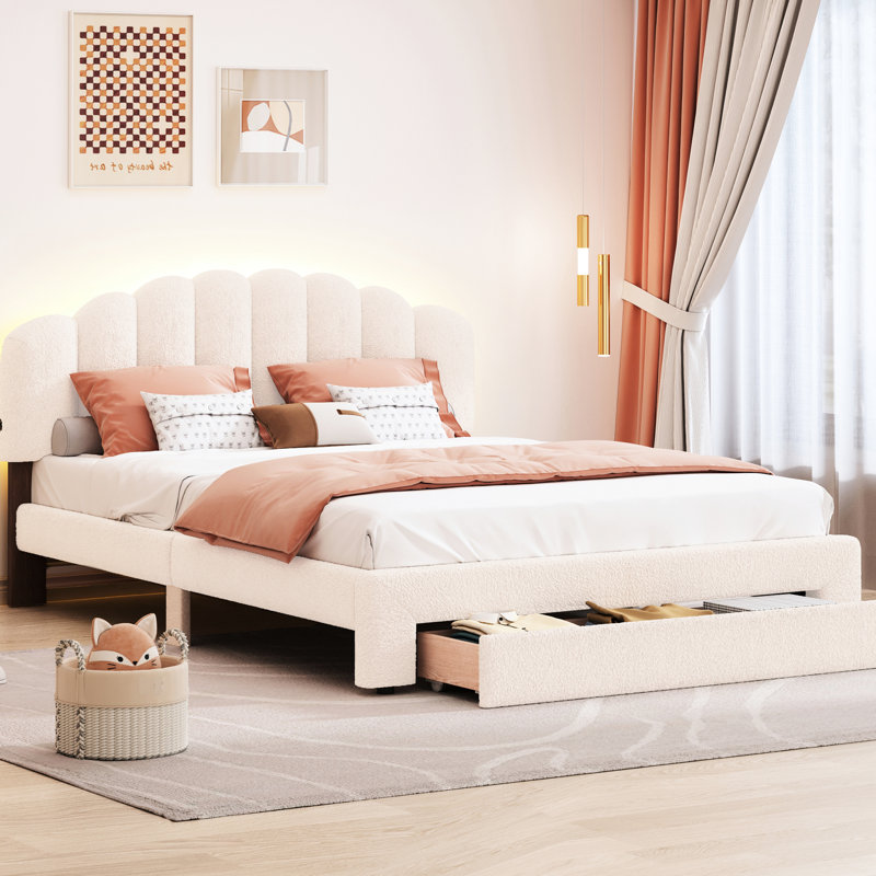 Lit rembourré beige avec tiroir fonctionnel et plateforme en molleton doux, Beige