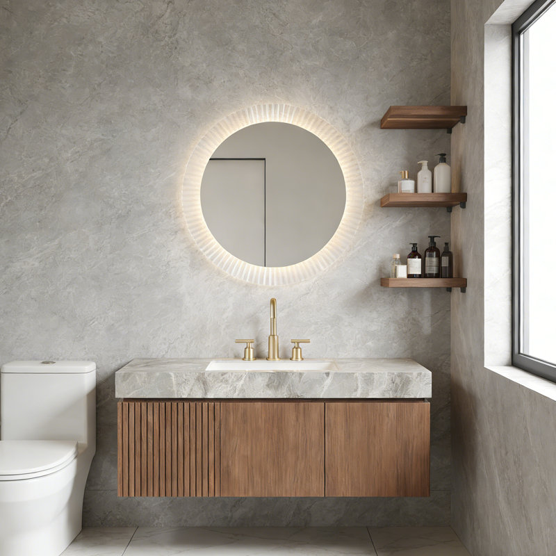 Meuble-lavabo flottant avec espace de rangement multifonctionnel et 3 trous de robinet pré-percés, Chêne brun