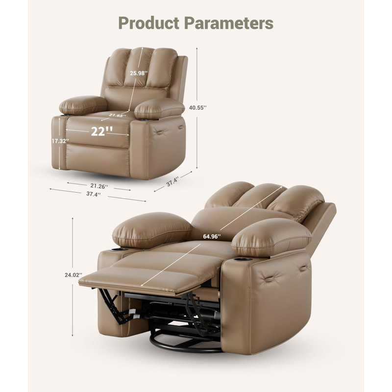 Fauteuil inclinable en cuir avec 2 porte-gobelets et une poche latérale, Tanné