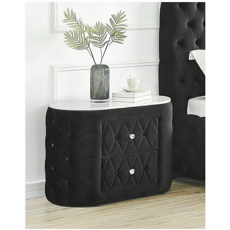 Tête de lit 1 pièce à tête de lit ovale en marbre avec 2 tiroirs, capitonnée à boutons peints en noir, capitonnée en cristal