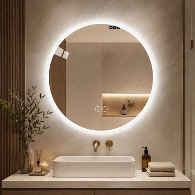 Miroir rond de salle de bain à DEL avec lumière, miroir de coiffeuse mural, antibuée, température de couleur réglable et fonction de gradation, convient aux miroirs de maquillage dans les chambres et les salles de bain