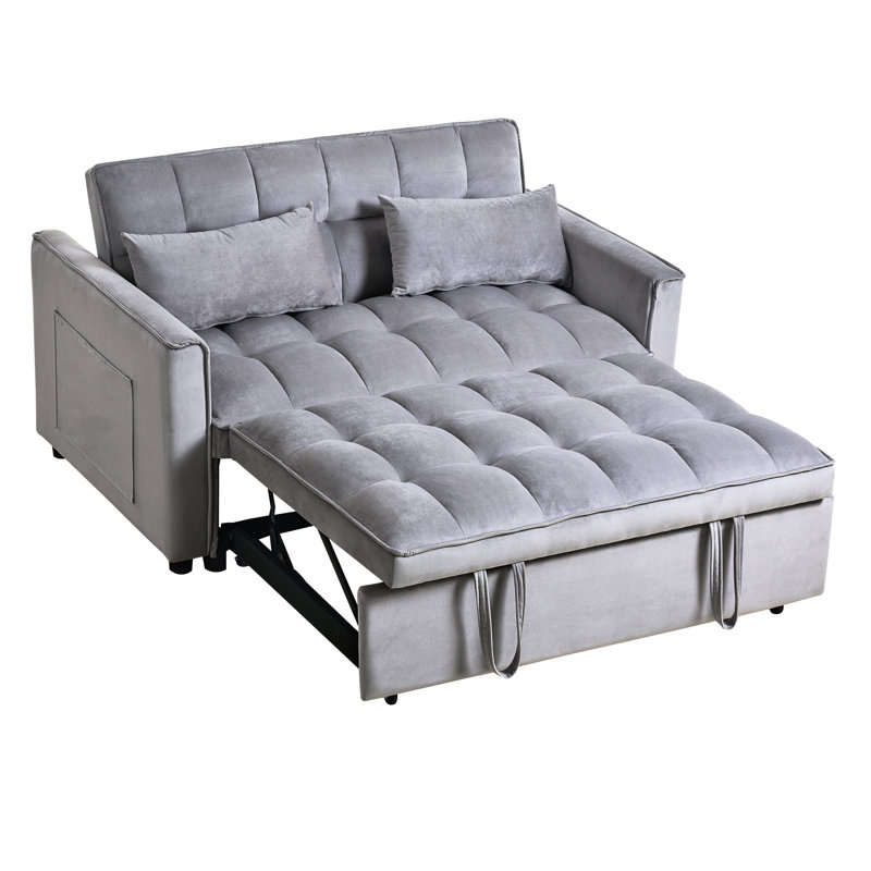 Lit convertible pour appartement, futon en velours, 3 en 1, gris avec poches latérales réglables, revêtement, 1 lit