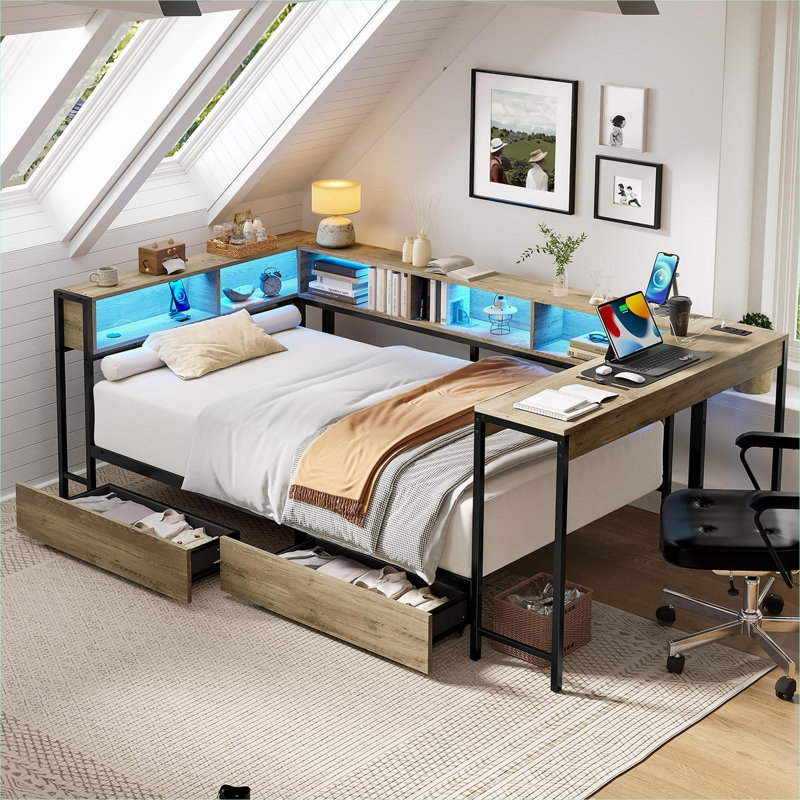 Storage-Focused Twin Size Corner Platform Bed, Modern Classic Gray MDF and Metal Construction with LED Lighting and Integrated Charging Station