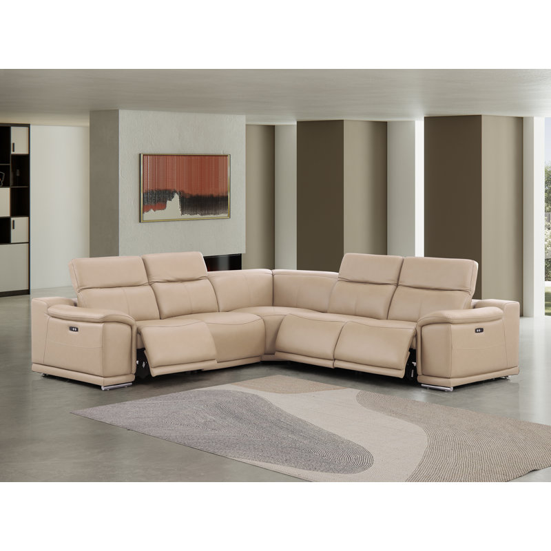 5-Piece L-Shaped Power Reclining Sectional In Genuine Leather – 3 Recliners, Beige Top Grain Leather