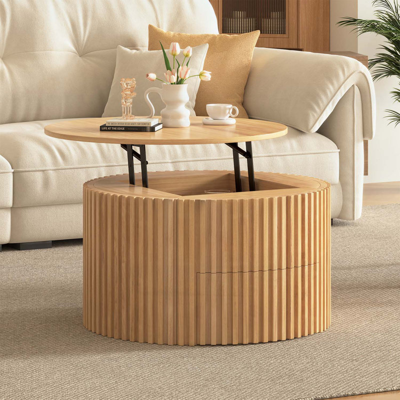 Table basse ronde à plateau relevable, Marron clair