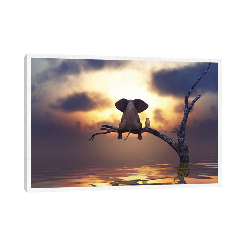 Elephant And Dog Are Sitting On A Tree by Mike Kiev - Print on Canvas, 101.6 cm H x 66.04 cm W, White Framed Canvas