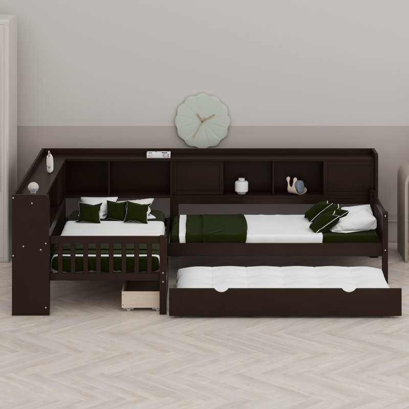 Lit plateforme en L avec lit gigogne, tiroirs et tablettes de rangement, Gris
