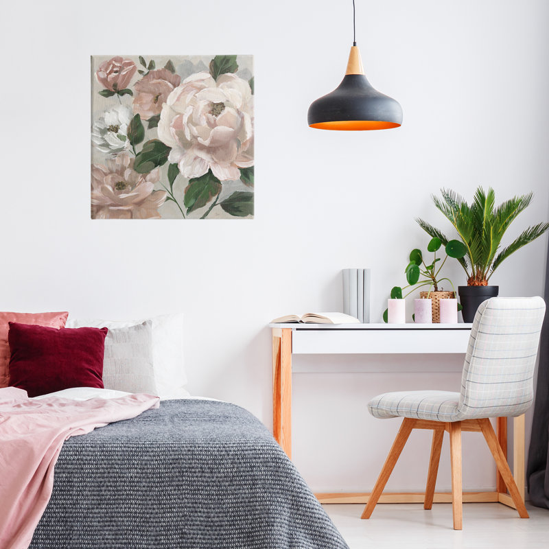 Toile délicate pivoines rosées avec feuilles, design par Nan, H 17 po x l 17 po