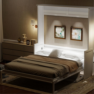 Queen Size Bed With Desk, Led Lights And Charging - White, Space Saving For Study Room, Modern Functionality, Material Lighting Wall Bed, Look, Strong Weight Capacity