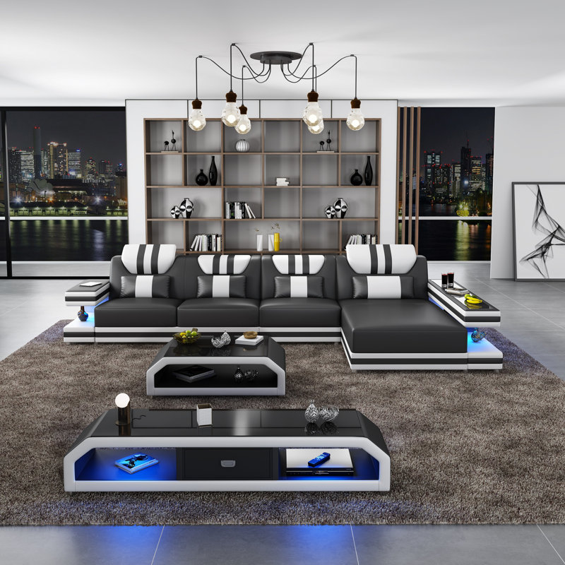 Lightspeed Modular Sectional, Black/White Genuine Leather, Right Hand Facing