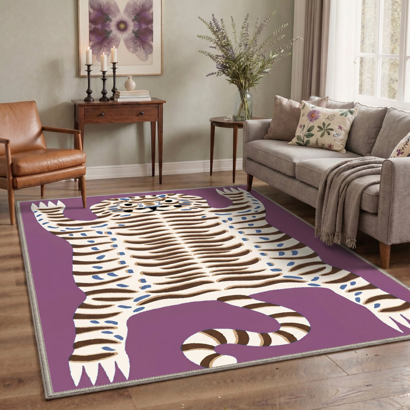 Tapis mauve / ivoire lavable à la machine avec envers antidérapant Abidi, Fleur ocre, Rectangle 9 pi x 12 pi