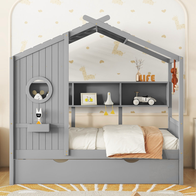 Lit simple avec lit gigogne et tablette de rangement, Gris, Lit simple