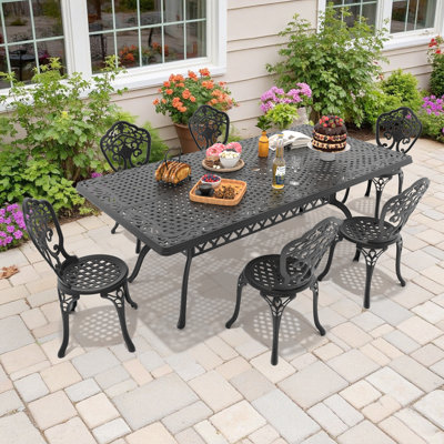 7-Piece 82.68"L Rectangular Outdoor Dining Set with Umbrella Hole, 6 Dining Chairs, 15.35" Seat Width