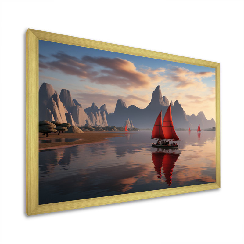 Voilier rouge naviguant dans un coucher de soleil arctique sur toile, H 34 po x l 44 po x P 1,5 po
